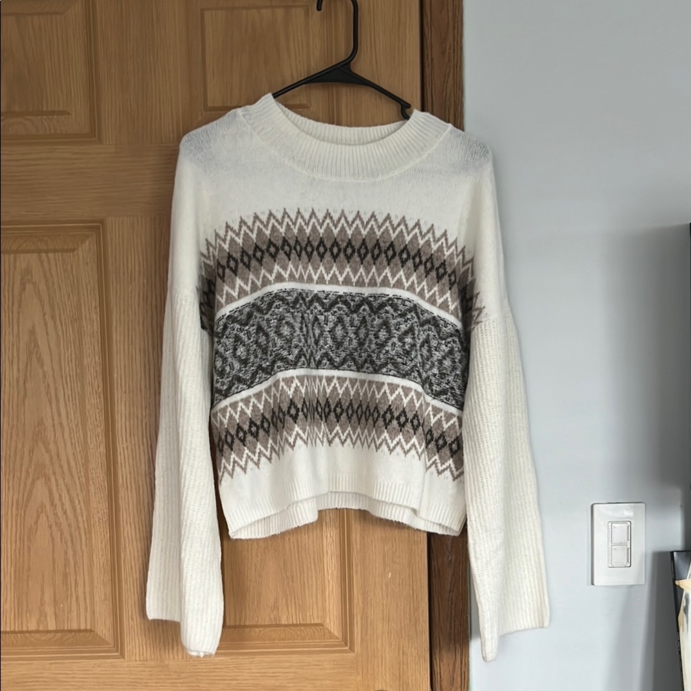 Cozy White and Gray Cropped Half-Turtleneck Sweater